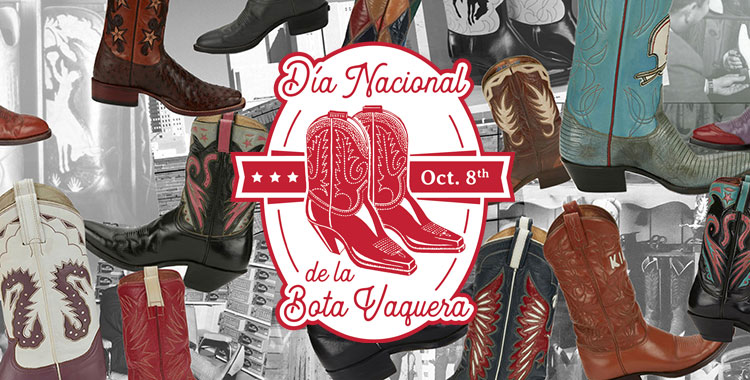 Día Nacional de la Bota Vaquera. Este es un collage de imágenes históricas de Justin Boot Company en blanco y negro, con múltiples botas de vaquero históricas mostradas de manera destacada en múltiples colores para resaltar las botas de vaquero. 